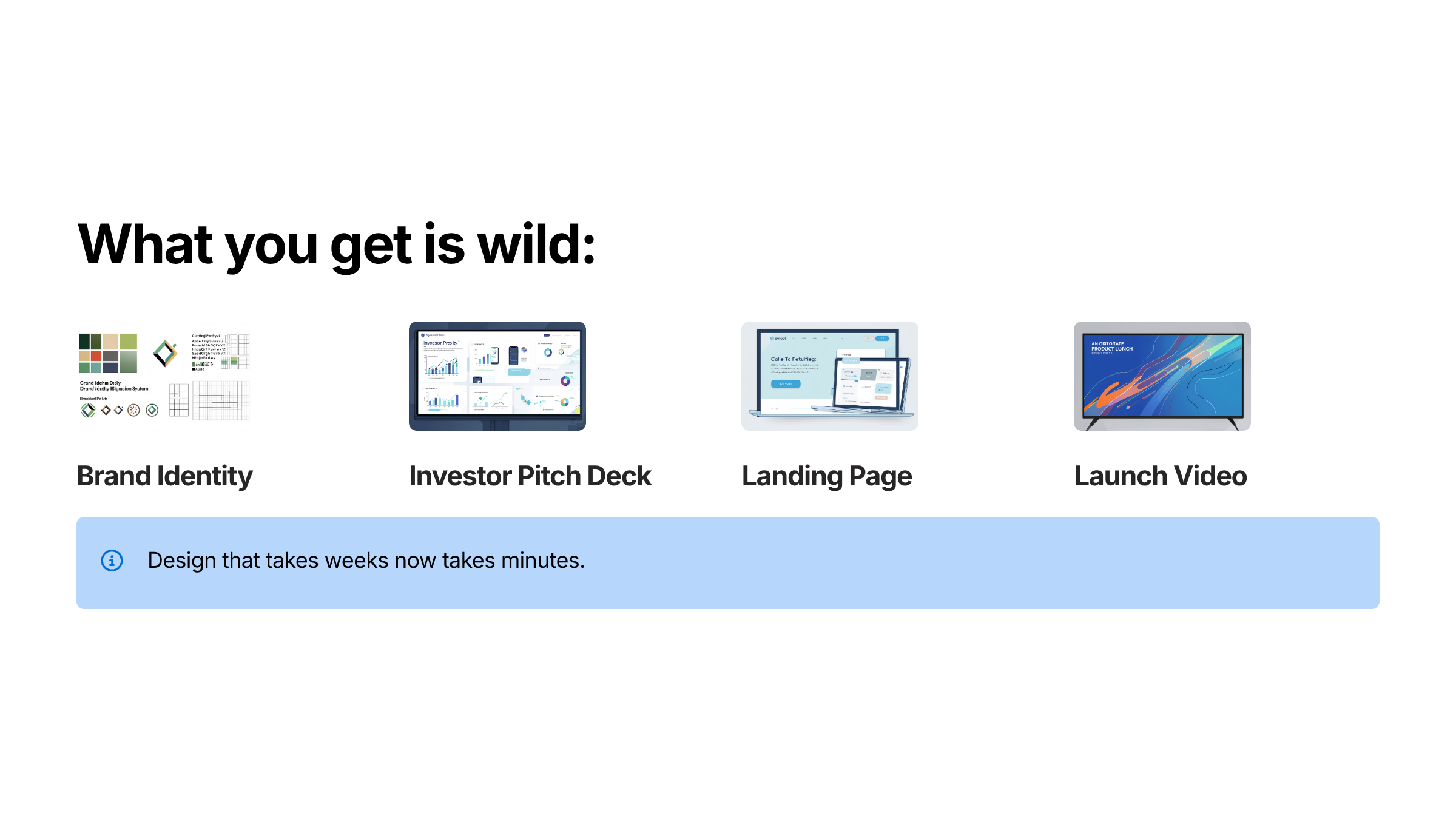 From one brand brief: Brand Identity, Investor Pitch Deck, Landing Page, and Launch Video — all generated by Claude