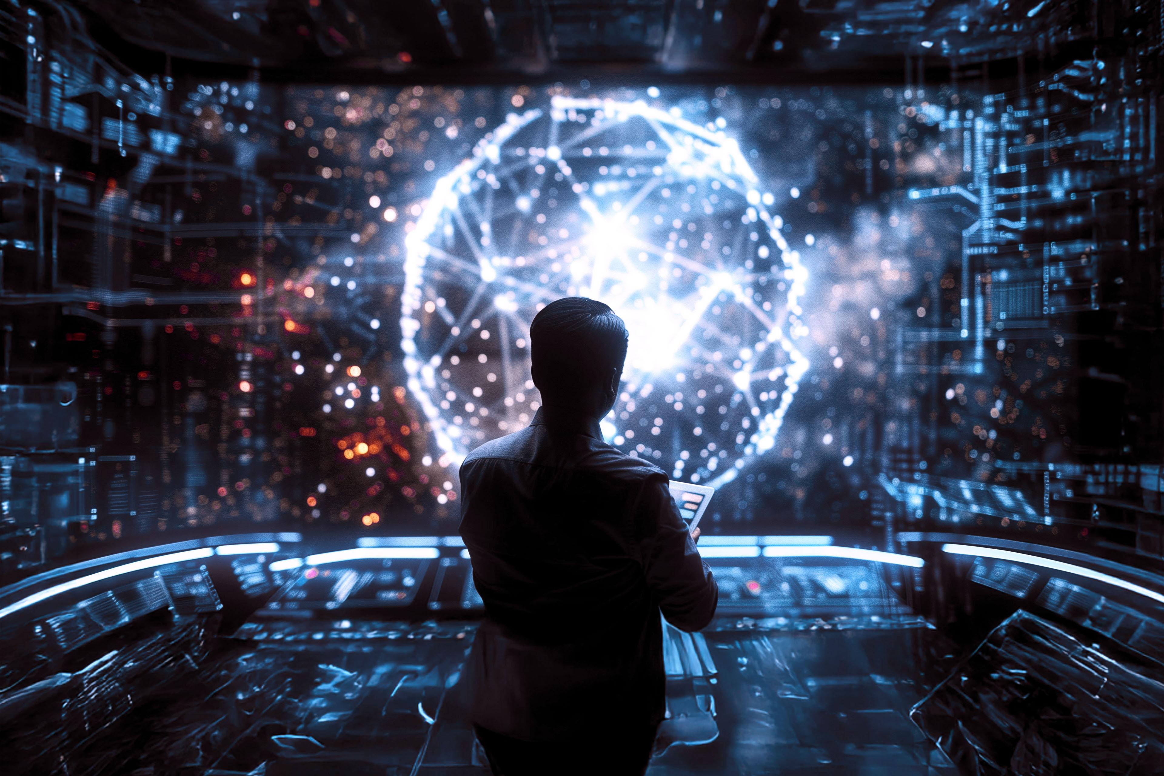 Silhouette of a business leader standing before a vast glowing AI neural network — the scale of what's coming