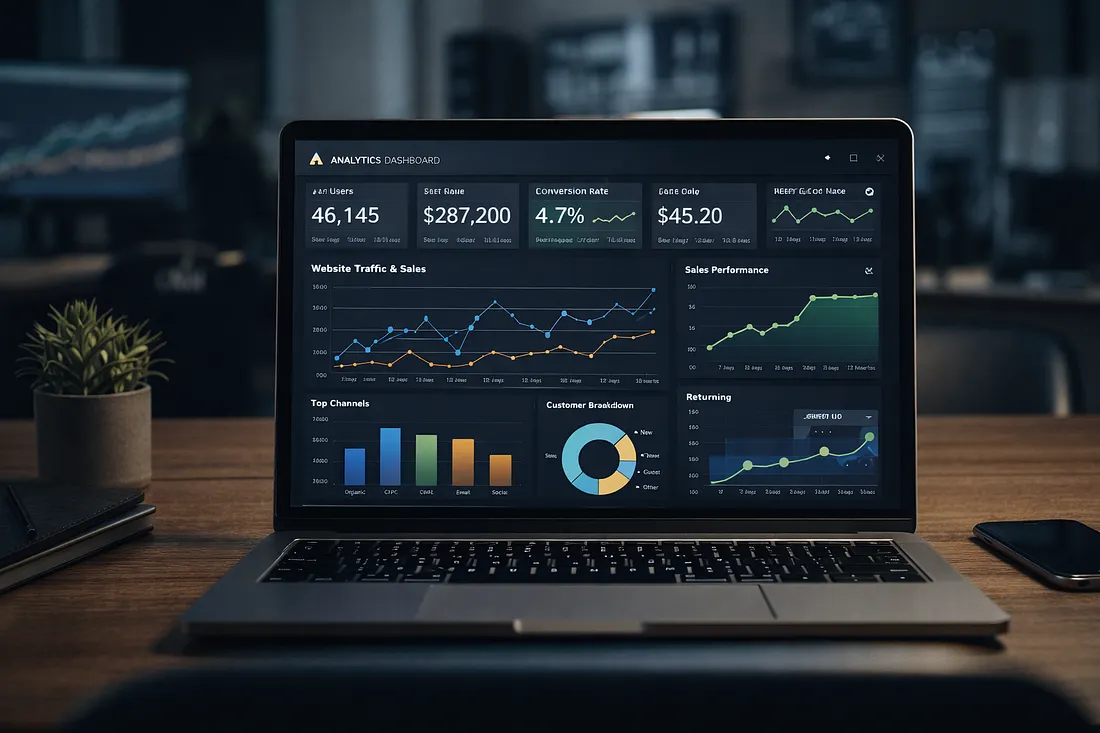 Analytics dashboard on a laptop showing measurable results — traffic, conversions, revenue metrics